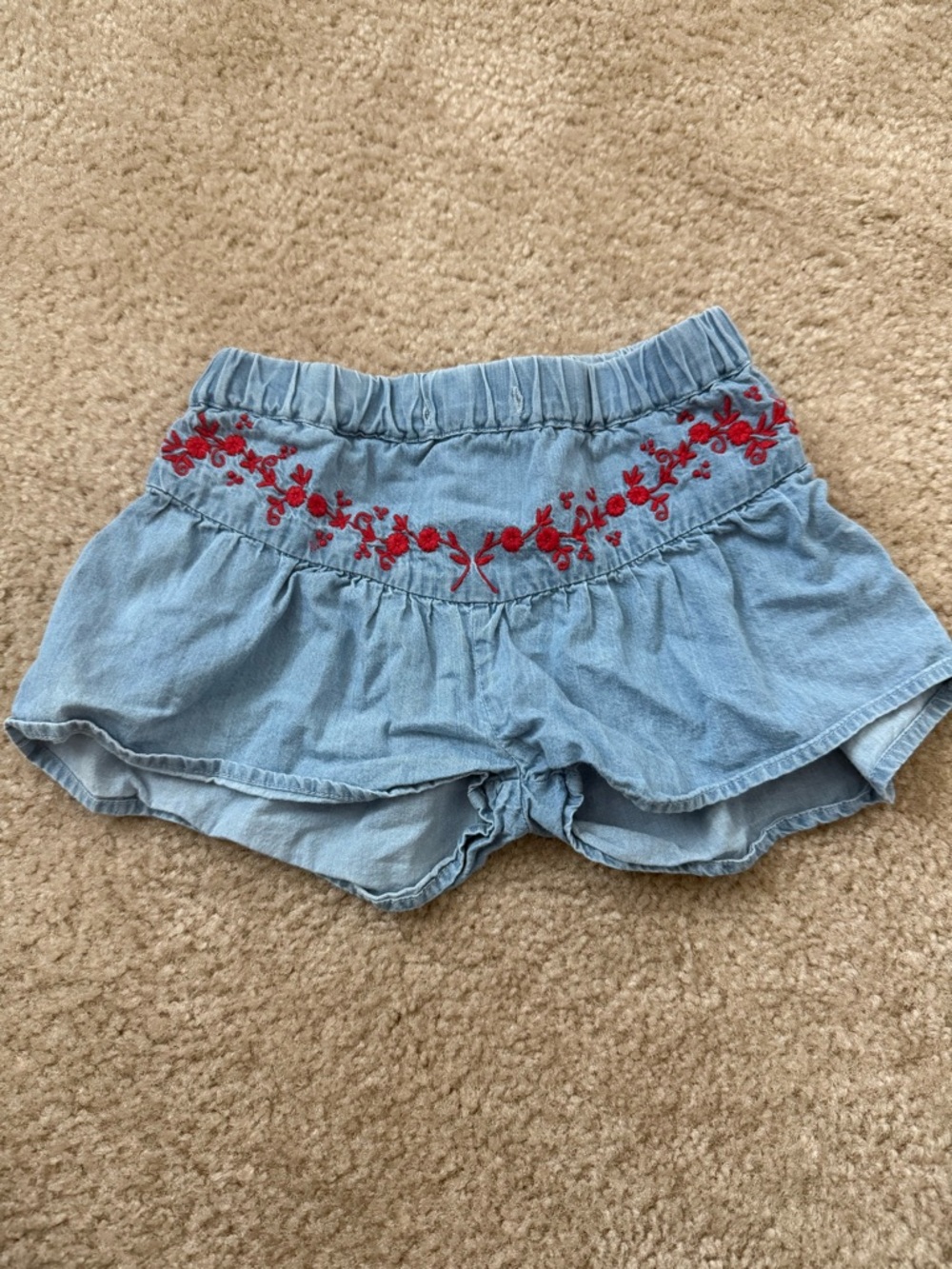 Light Blue Denim Girls' Shorts with Red Floral Embroidery
